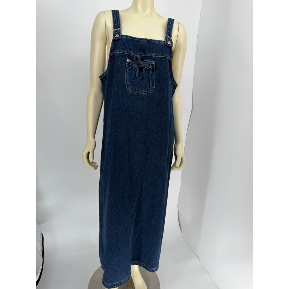 VTG 90s J.L.N.Y. Denim Maxi Jumper Dress NWOT Ribbon Tie Pocket Cottagecore‎
